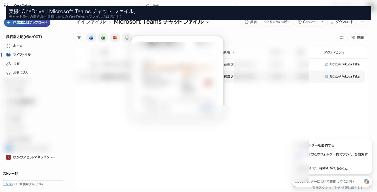実機:OneDriveのTeamsチャットファイルフォルダ。ファイル名はぼかし済み